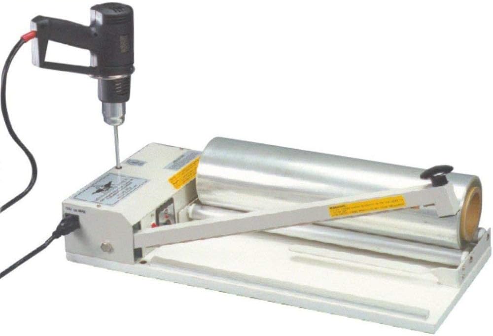 AIE AIE-2024I Professional 24" I-Bar Shrink Wrap Machine; Includes: Bar Sealer, Timer, 2 Speed Heat Gun and Holder, Film Rack, 500ft. Roll of Centerfold 75 Gauge Shrink Film, Outlet Plug and Parts Kit