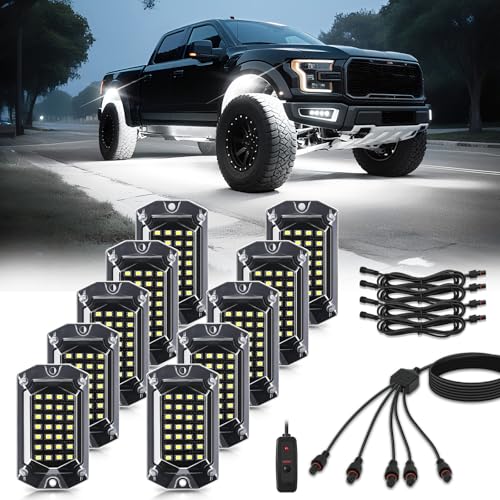 10 Pods Full Angle Pure White LED Rock Lights for Jeeps Trucks Golf Cart ATV UTV RZR Offroad Pickup SUV, 28 LEDs 6500K Super Bright Waterproof White Underglow Kit with Switch Harness Extension Wires