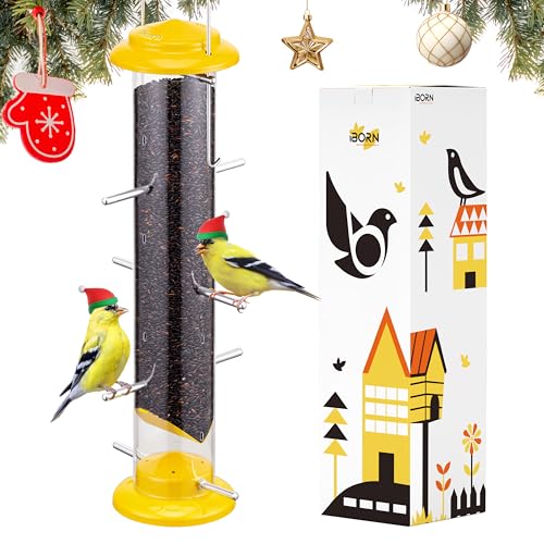 iBorn Finch Feeders for Outside,Nyjer/Thistle Bird Feeder,14 Inch Tube Bird Feeders for Outdoors Hanging,Metal Finch Feeders for Thistle Seed with 12 Small Ports,8 Metal Perches,Yellow,Pack of 1