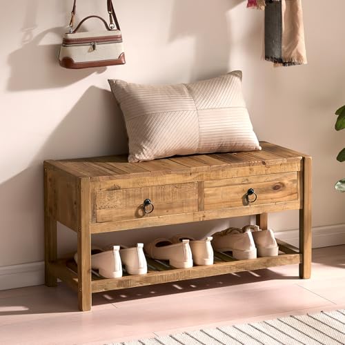 Wnutress 31.3" Reclaimed Solid Wood Benches with 2 Drawers & Slatted Storage Shelf, Rustic Farmhouse Long Entryway Bench Seat for Indoor, End of Bed, Living Room, Hallway, Natural Finsh