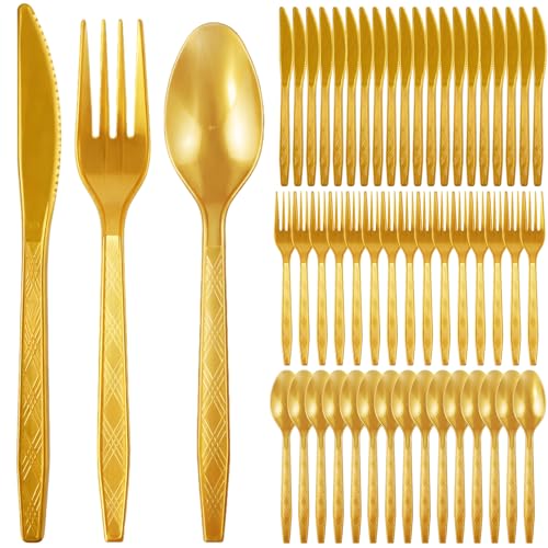 Richunie 150 Pièces Couvert Doré En Reutilisable, Couverts De Fête Réutilisables 50 Fourchettes,Couteaux,Cuillères Pour les Vacances,Réunion de Famille,Camping...