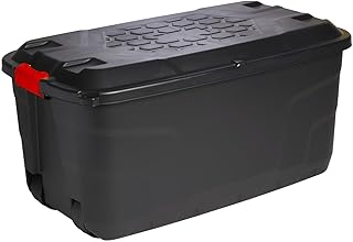 Strata Heavy Duty Large Storage Box with Lid, 145 L, Lockable, for Indoor and Outdoor Use, with Wheels, Black with Red Handles