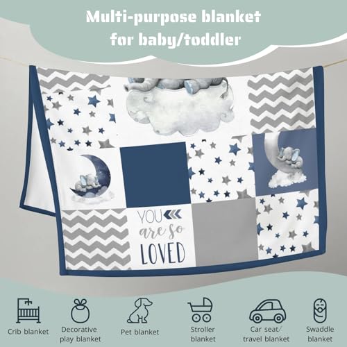 Image of HawSkgFub Navy Blue Elephant Baby Blankets Boys Shower Gift, Dream Big You're Loved Flannel Fleece Nursery Bed Receiving Swaddle, Soft Lightweight Newborn Infant Toddler Kids Crib Bedding 60 x 80