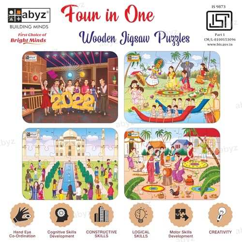 Image of ABYZ Wooden Jigsaw Taj Mahal with Crowd, New Year Celebration, Pongal, Onam Puzzle 120pcs for Kids of Age 3-5 Years, Set of 4