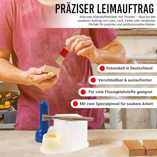 Leimspender für Holzleim – rostfreier Leimpinsel – Leimboy, Weissleim Sparbehälter, lösemittelfeste Leimflasche mit 2 x Qualitäts Pinsel - Leimtopf für Knochenleim