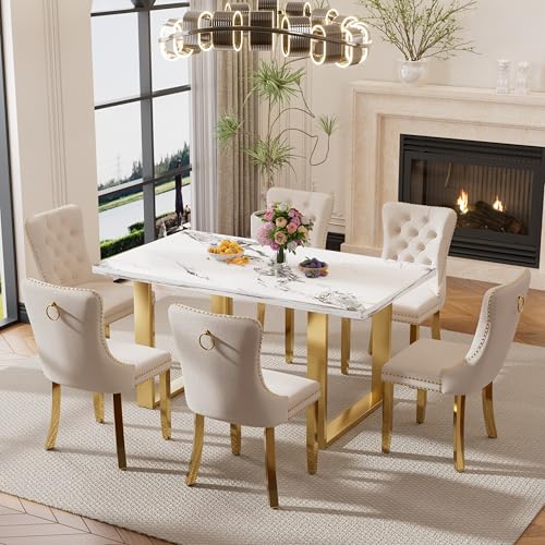 HAIZAO Gold Luxury Dining Table Set for 6, 63'' Modern Minimalist Large Rectangle Dinner Set, 7 PCS Mid Century White Faux Marble Kitchen Table Set with Beige High-end Tufted Chairs, for Apartment