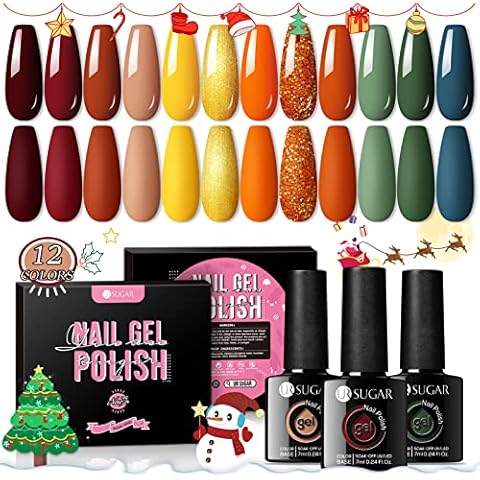 UR SUGAR Autumn Gel Nail Polish Set, 12 Colours Maple Pumpkin Yellow Orange Burgundy Red Green Glitter Fall Winter Gel Polish Collection Soak Off Nail Varnish Polish Set Gifts for Halloween Christmas Cover