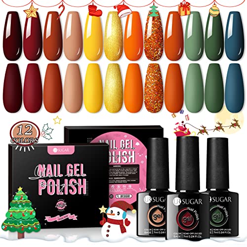 UR SUGAR UV Nagellack Weihnachten, 12 Farben Herbst Gellack Braun Grün Rot Gelb UV Farbgel Set Gold Glitzer Gel Nagellack Set für Nagelstudio Design Nagel Set mit Geschenkbox Maniküre