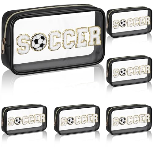 6 Pcs Soccer Clear Cosmetic Makeup Bag with Chenille Letter Patch Sport Goodie Clear PVC Pouch Organizer Waterproof Travel Toiletry Bags for Sports Theme Birthday Party Supplies