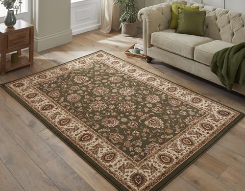 Lord of Rugs Grand Heritage - Alfombra persa tradicional oriental GH101 con borde floral clásico con detalles de millones de puntos, perfecta para sala de estar, dormitorio, pasillo, verde, tamaño