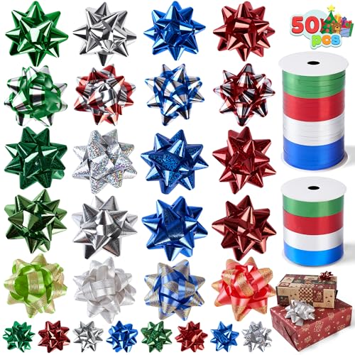 JOYIN Surtido de 48 lazos de regalo con 8 rollos de cinta de envoltura, lazos de Navidad autoadhesivos multicolor de tamaño surtido y cintas rizadoras para envolver regalos, cumpleaños, boda,