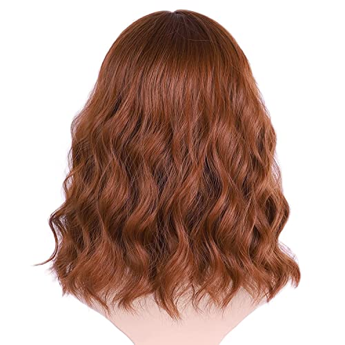 ColorfulPanda 14 Inch Short Curly Red Brown Copper Ginger Bob Wigs for Women Natural Synthetic Wave Hair Wigs with Fringe Bangs Daily Party wig Auburn Blonde - Image 2