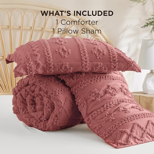 Image of Bedsure Tufted Boho Comforter Set Twin Size - Grayish Pink Boho Bed Set, GentleSoft 2 Pieces Farmhouse-Style Embroidery Bedding, Gifts for Woman, Soft Jacquard Kids' Twin Comforter for All Seasons