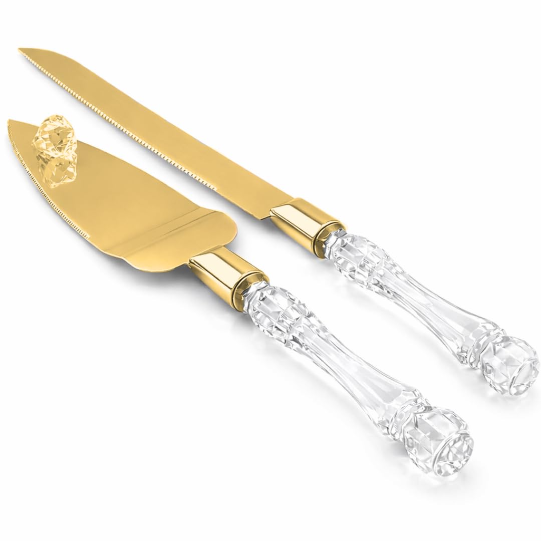 Elegant Cake Knife and Server Set - Stainless Steel with Crystal Handle - Perfect for Weddings & Anniversaries,and Special Celebrations (Gold)