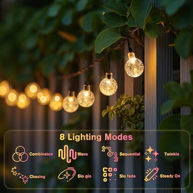 Metaku Solar String Lights for Outside, 20FT 30 LED Crystal Globe String Lights, Solar Powered Outdoor Lights with 8 Lighting Modes, Patio Hanging Lights for Garden, Camping and Party D¨¦cor Warm Whit