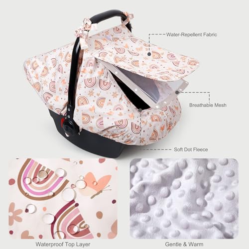 Image of FIOBEE Baby Car Seat Cover, Car Seat Covers for Babies Infant Car Seat Canopy with Breathable Mesh Window Waterproof Carseat Cover for Babies Boy Girl 4 Seasons, Brown Rainbow