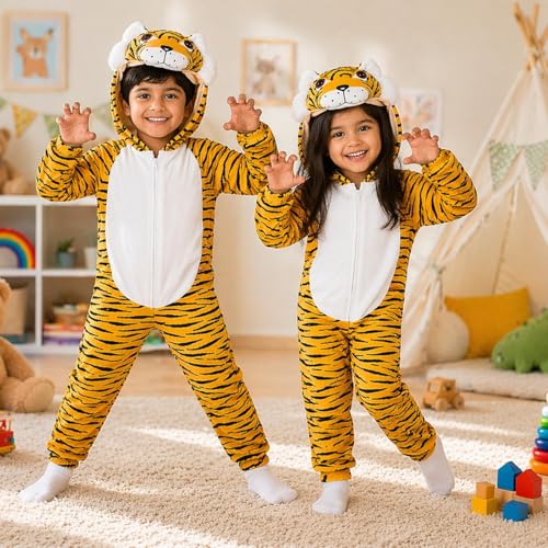 Image of Raj Costume Animal Fancy Dress Costume for Boys & Girls | Hooded Full Body Wildlife Zoo Animal Jumpsuit | Soft Costume for School Function, Fancy Dress, Halloween, Birthday, Cosplay & Role Play