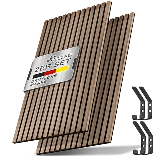 TRESKO® 2 Stück Akustikpaneele Holz 120×60x2,1 cm inkl. 4x Kleiderhaken | Wandverkleidung Innen als 3D Lamellenwand | Holzpaneele Paneele...