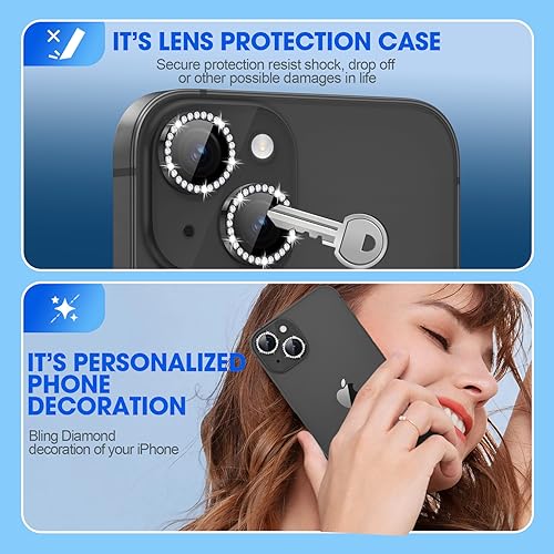 Image of Glass Camera Lens Protector Compatible For Iphone 15 /15 Plus Bling,Individual Metal Diamond Ring 9H Hardness Scratchproof Protector,Stylish Accessories,Case Friendly(Black Diamond)