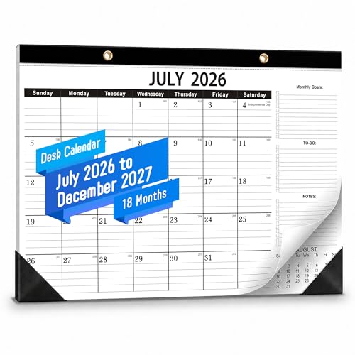 2026-2027 Desk Calendar - 17" x 12" Monthly Academic Wall Calendar, July 2026 - Dec 2027, 18 Months Planner with Golden Hanging Holes, 120g Bleed-Resistant Paper for Teachers, Students & Office