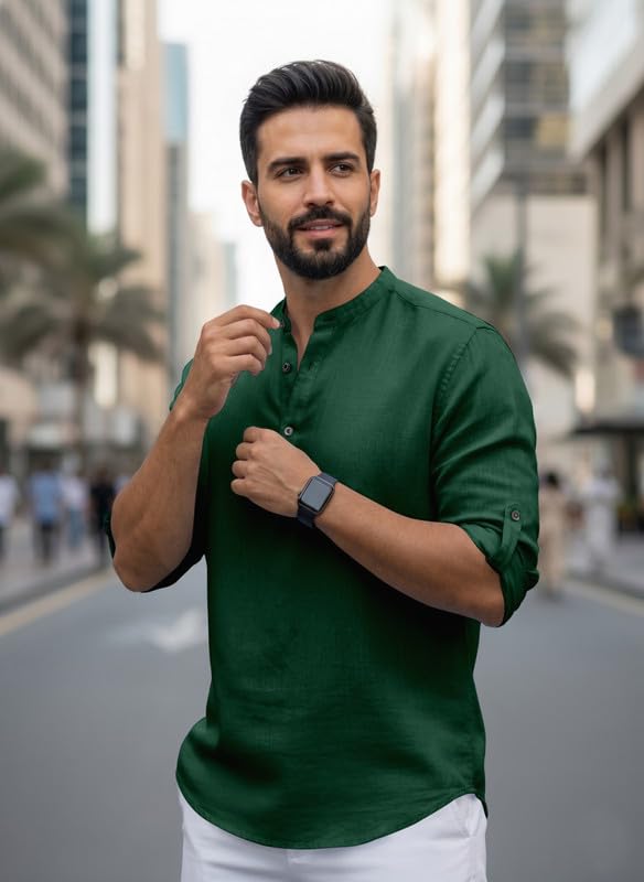 Image of Men Cotton Blend Mandarin Collar Casual Kurta Shirt | Roll-Up Sleeves | Regular Fit Ethnic Short Kurta for Daily