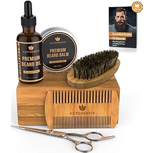 Kit de cuidado de barba Naturenics para hombres – Aceite Barba, Cera de Bálsamo Barba, Brocha Para Barba, Peina Para…