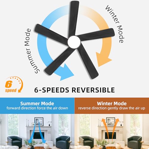 Image of WINGBO 48 Inch DC Ceiling Fan with Lights and Remote Control, 5 Carved Solid Wood Blades, 6-Speed Noiseless Reversible DC Motor, Indoor Ceiling Fan in Matte Black Finish with Black Blades
