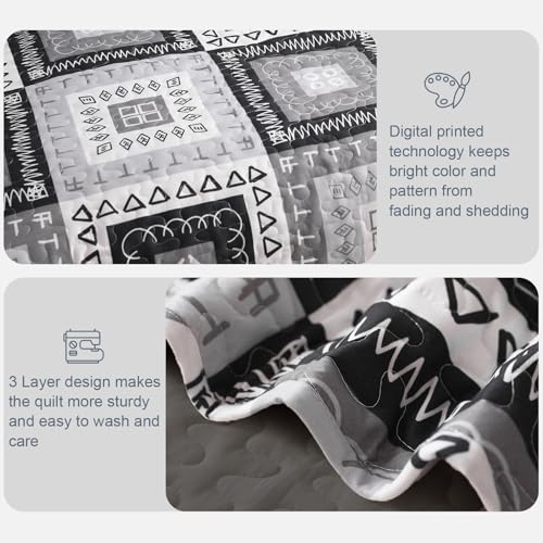 Exclusivo Mezcla Reversible Boho Quilt Set Twin Size, 2 Pieces Patchwork Black All Season Bedspreads, Ultra Soft Floral Coverlet Bedding Set with Printed Pattern (1 Quilt, 1 Pillow Sham)