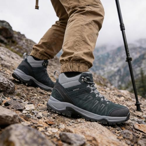 Image of Men's Waterproof Hiking Boots Lightweight Leather Mid Ankle Outdoor Trail Trekking shoes