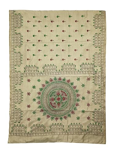 Image of SHRISTI CLOTHINGS Women's Hand Embroidered Cotton Silk Kantha Stitch Saree with Blouse Piece (J420824 BEIGED63)