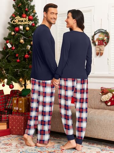 Matching Couple Pajamas Buffalo Plaid Christmas Pjs with Pockets Modal Long Sleeve Sleepwear Navy Blue Plaid L3