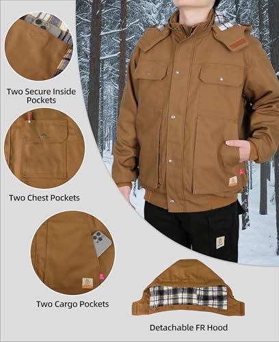 BOCOMAL FR Jacket Insulated Heavyweight Canvas Flannel Lined,Detachable Hood,Cargo Pockets,NFPA2112 CAT4,Flame Resistant Coat4