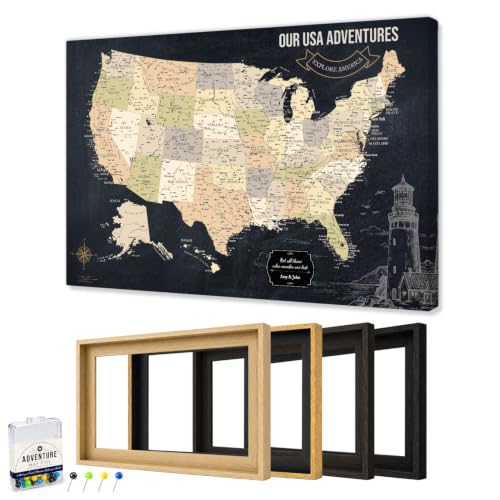 Image of IPIC Personalized Vintage Framed USA Map Pin Board, Image Size 42x28 in