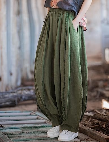 NFYM Women Cotton Linen Wide Leg Elastic Waist Patchwork Pumpkin Style Distressed Trousers2