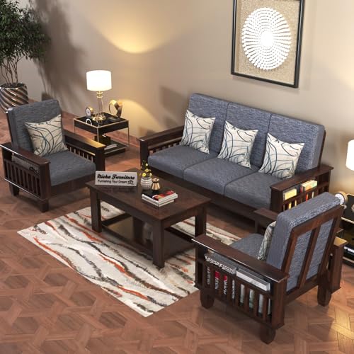 Image of Sheesham Wood 5 Seater Cushioned Sofa Set 3+1+1 Sofa Set | Wooden Sofa for Living Room, Home (PG- Walnut Finish)