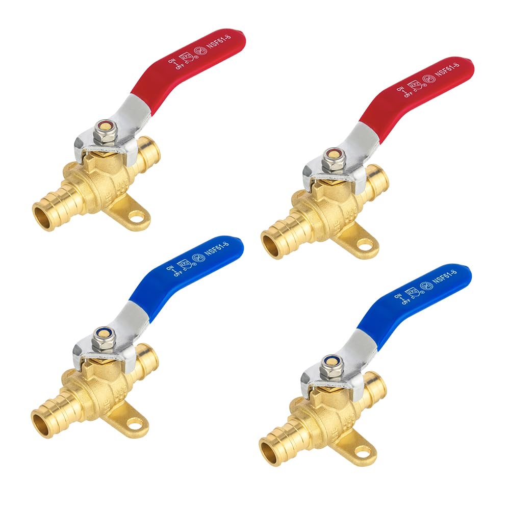 EFIELD - Confezione da 4 valvole a sfera in ottone con chiusura a goccia, 1,27 cm, Pex A, con attacco a goccia, livelli rosso e blu, certificazione ASTM 1960, cUPC (4, 1/2")