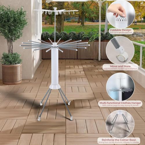 Image of TEX-RO Octopus Foldable Rotating Clothes Drying Rack, 360 Multi-Layer Laundry Drying Stand with Lockable Wheels, Heavy Duty Space Saving Cloth Dryer Stand for Home & Balcony, White