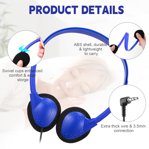 Image of Konohan 10 Pack Headphones Bulk Headphone for School Classroom Student Wired Headphones Adjustable with 3.5 mm Jack for Adults (Dark Blue)