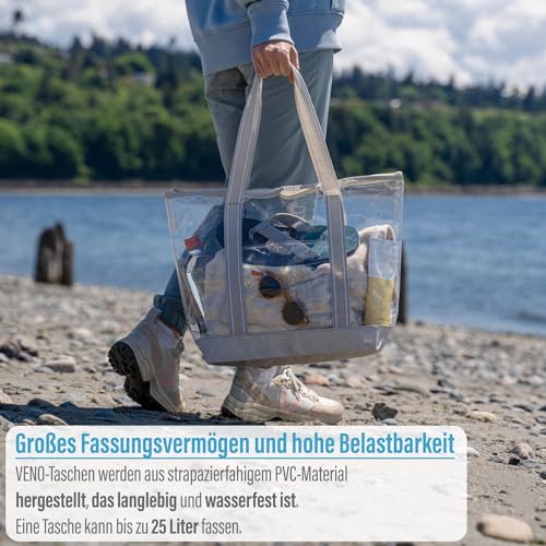 VENO 2er Pack durchsichtige Tasche mit Reißverschluss und Fronttasche, transparente PVC-Tasche für Arbeit, Stadion, Strand, Pool, Konzert, Wasserpark, Outdoor, wiederverwendbar (Beige, 2er Pack)