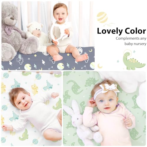 Image of Baby Crib Sheets for Boys and Girls, 3 Pack Toddler Bed Sheets for 52 inchx28 inch Standard Toddler Mattresses, Soft Microfiber Fitted Crib Sheets Neutral Green Dinosaur Planet