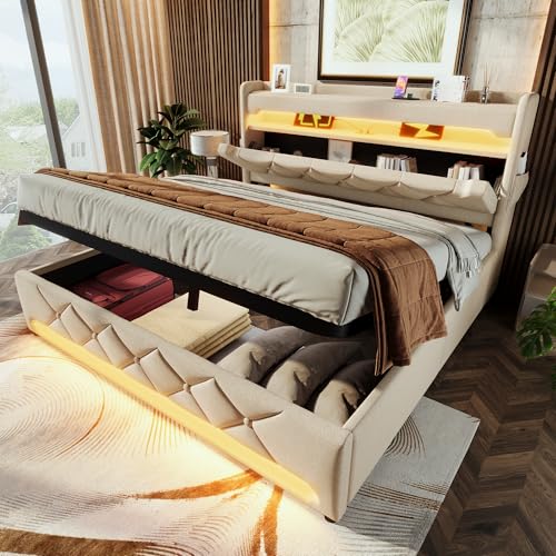Cama doble tapizada de 140 x 190, espacio de almacenamiento para cabecero con puerto USB y tipo C, función LED envolvente 360 alrededor de la cabecera y los pies de la cama, camas con espacio de