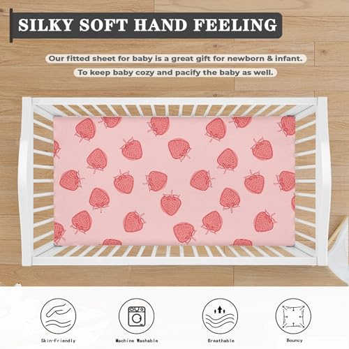 Image of Strawberry Baby Crib Sheets for Boys Girls Pink Fitted Crib Sheet for Standard Crib and Toddler Mattress Cute Baby Mattress Sheets Toddler Bed Sheet 52x28x8 in