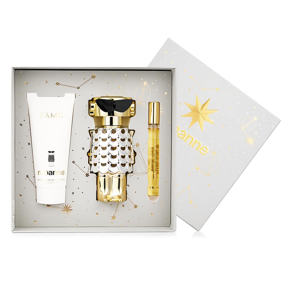 Rabanne Fame Eau de Parfum 80 ml Set de regalo 2025 (incluye 80 ml de eau de parfum, 100 ml de loción corporal y 10 ml de spray de viaje)