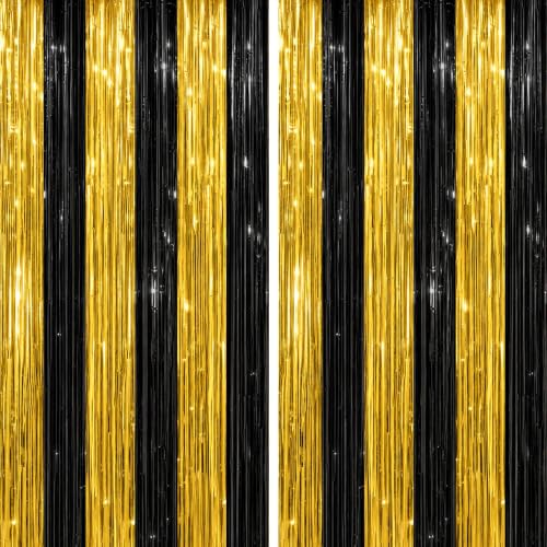 Image of DECOCKRAT 2 Pack Foil Fringe Backdrop - Black&Gold Shiny Tinsel Curtains for Party Decoration /Photo Booth Props - 3.3x6.6 FT Metallic Foil Backdrop for Birthday, Wedding, Graduation, Christmas.