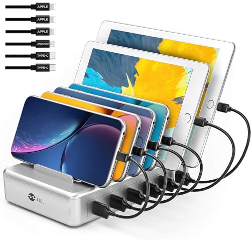 Charging Station for Multiple Devices - 6 Port Multi USB-A Charger Stations Multi-Device Organizer Charging Dock for iPhone iPad Android Cell Phone Tablets with 6 Mixed Cables Included(UL Certified)