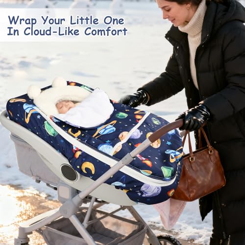Image of Pea Pod Winter Car Seat Cover for Baby, Infant Car Seat Canopies Cover for Newborn, Warm Plush Fleece Inner Protect Baby from Cold Wind, Space Pattern