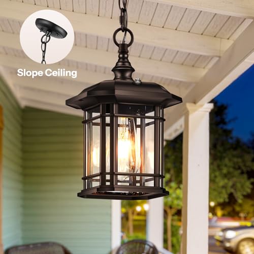 Image of Gleamz Dusk to Dawn Hanging Exterior Light, Oil Rubbed Bronze Outdoor Pendant Light, 100% Aluminum Hanging Porch Light Fixture, Outdoor Ceiling Sconce for Porch, Entryway, Backyard, Patio, 1 Pack