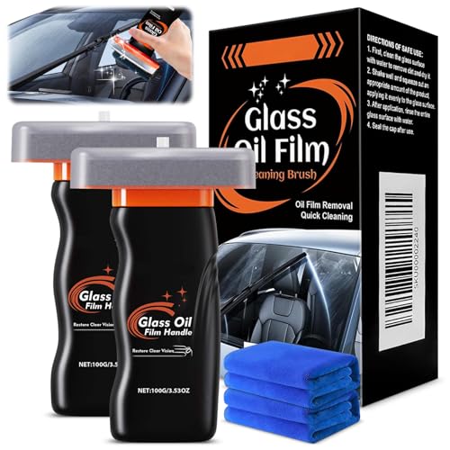 Hand-Held Glass Emulsion Cleaner Car glass oil film remover Automotive Oil Film Cleaning Brush with towel Portable Easy to Use Remover for Car Windows Mirrors and Glass Surfaces (2pcs)