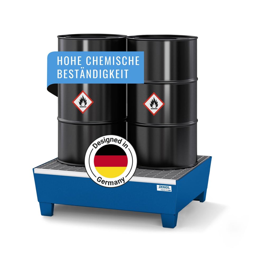 DENIOS Auffangwanne aus Stahl | mit Gitterrost und Stellfüßen | blau | BxHxT 635 x 278 x 785 mm | Volumen 65 Liter | 2 Fässer | Arbeitssicherheit Notfall-Umweltschutz-Produkte säurefest