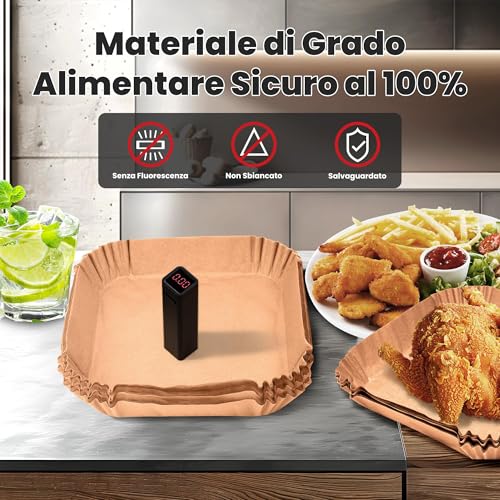 KitchenBoss Carta per Friggitrice ad Aria: 120 Pezzi Carta Forno Per Friggitrice ad Aria Quadrata 20-24cm Antiaderente Impermeabile Antiolio Air Fryer Accessori per Air Fryer Forno Padelle Microonde - Immagine 5